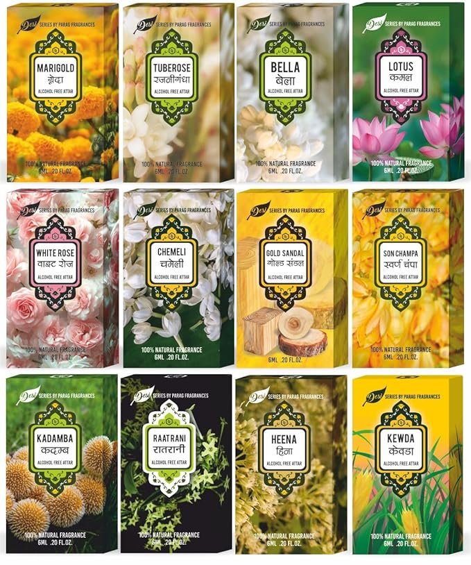 The set includes 12 distinct attar fragrances: Gold Sandal, White Rose, Chemeli, Bella, Kamal, Swarna Champa, Kewda, Rajnigandha, Raatrani, Kadamb, Heena, Genda